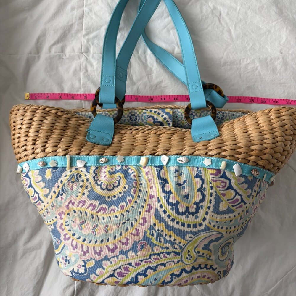 Vera Bradley Capri Blue Paisley Woven Straw Shell Beach Coastal Cottagecore Tote - Picture 8 of 9
